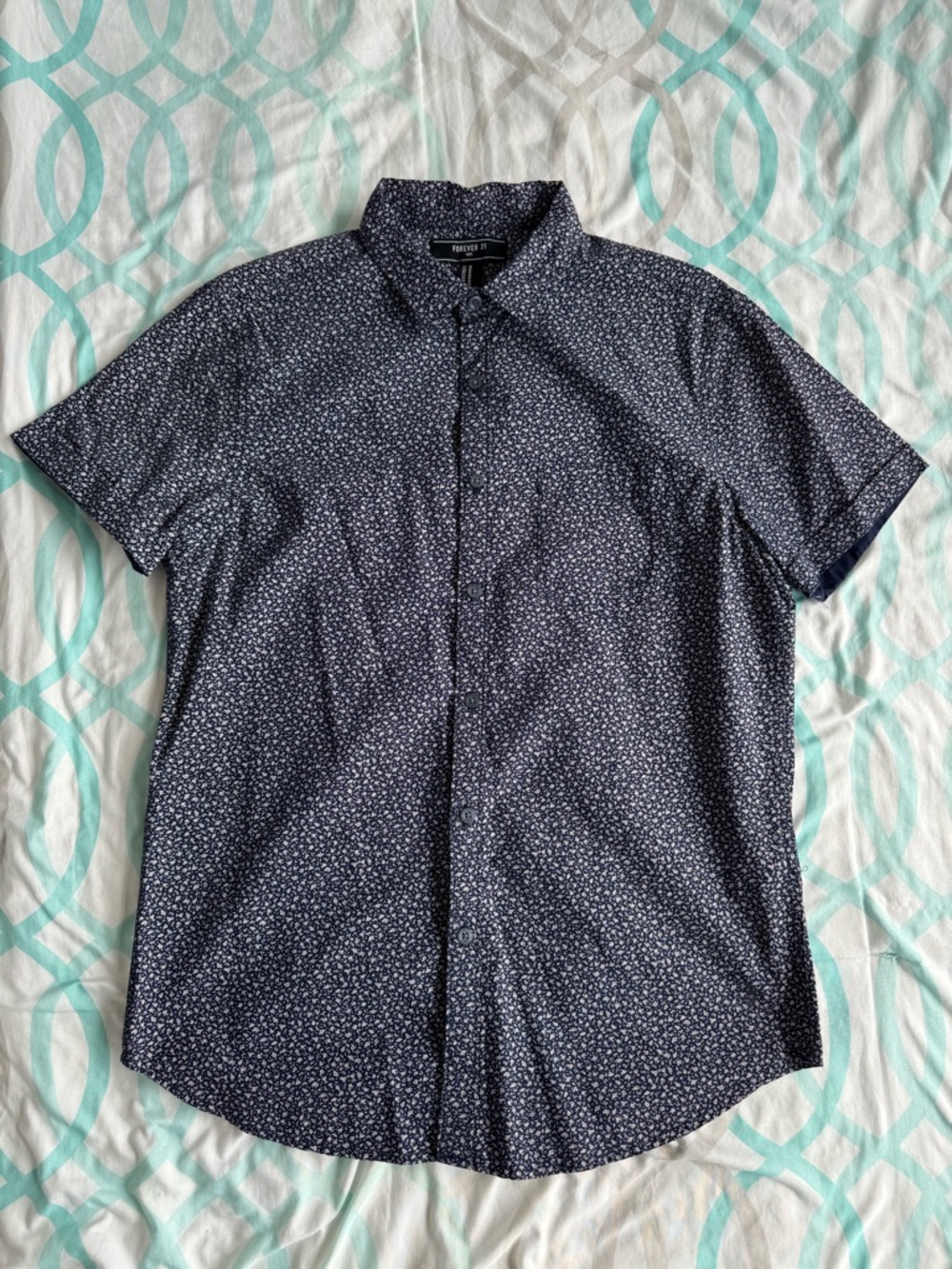 Forever 21 Men's Navy Button-Down Shirt with White Micro Floral